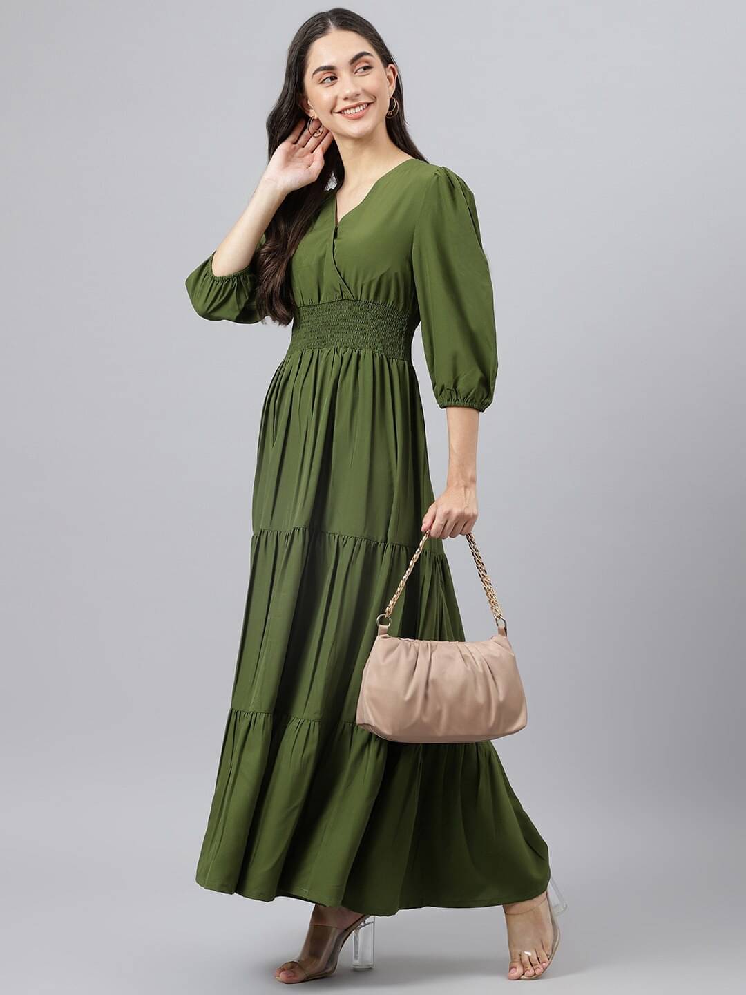     			Raiyani enterprise Women Crepe Solid Fit & Flare Dress ( Olive )