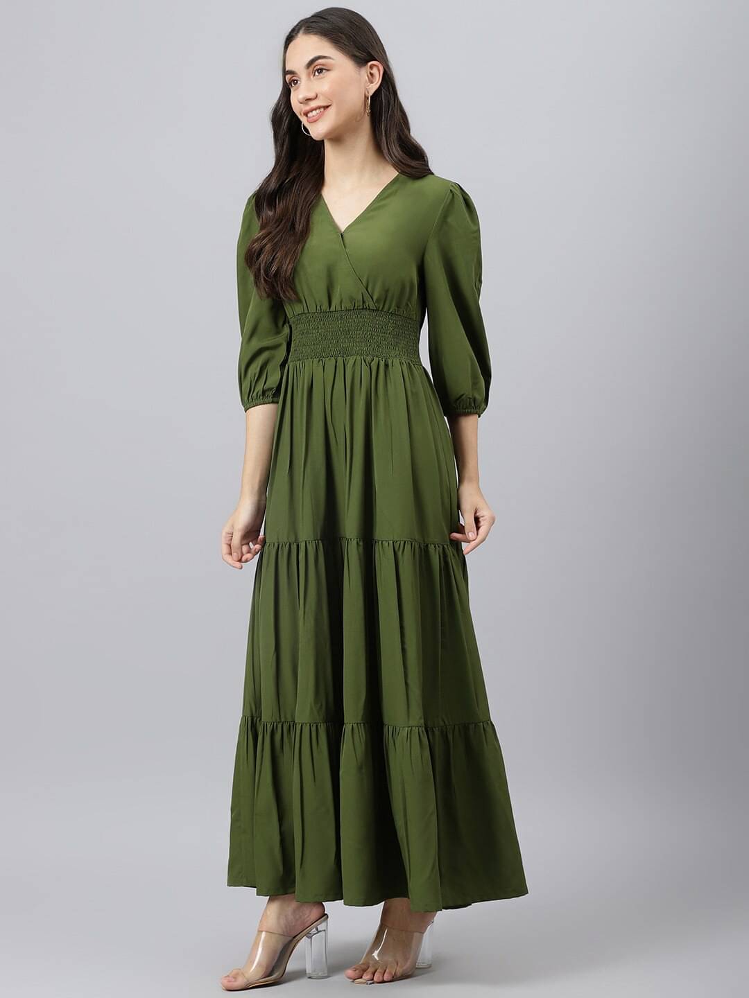 Raiyani enterprise Women Crepe Solid Fit & Flare Dress ( Olive ) Raiyani enterprise Women Crepe Solid Fit & Flare Dress ( Olive )