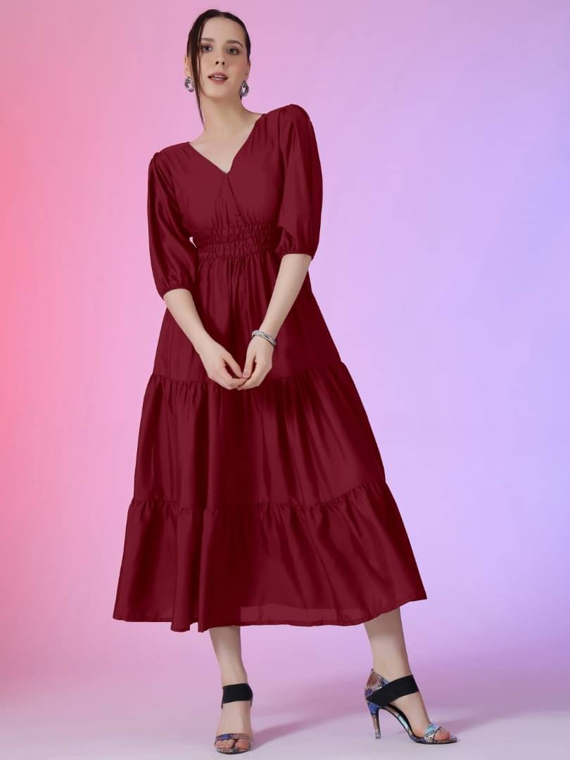 Raiyani enterprise Women Crepe Solid Fit & Flare Dress ( Maroon ) Raiyani enterprise Women Crepe Solid Fit & Flare Dress ( Maroon )