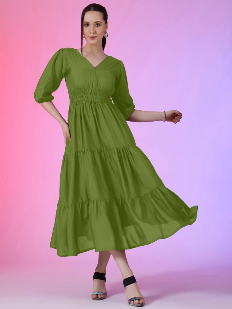 Raiyani enterprise Women Crepe Solid Fit & Flare Dress ( Olive ) Raiyani enterprise Women Crepe Solid Fit & Flare Dress ( Olive )