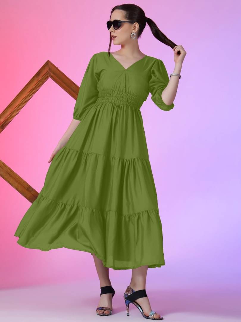 Raiyani enterprise Women Crepe Solid Fit & Flare Dress ( Olive )     			Raiyani enterprise Women Crepe Solid Fit & Flare Dress ( Olive )