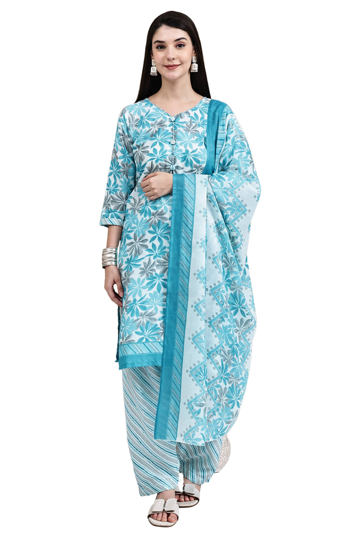 Rajnandini Women Cotton Blend Printed Straight Kurti With Patiala Salwar ( Turquoise )     			Rajnandini Women Cotton Blend Printed Straight Kurti With Patiala Salwar ( Turquoise )