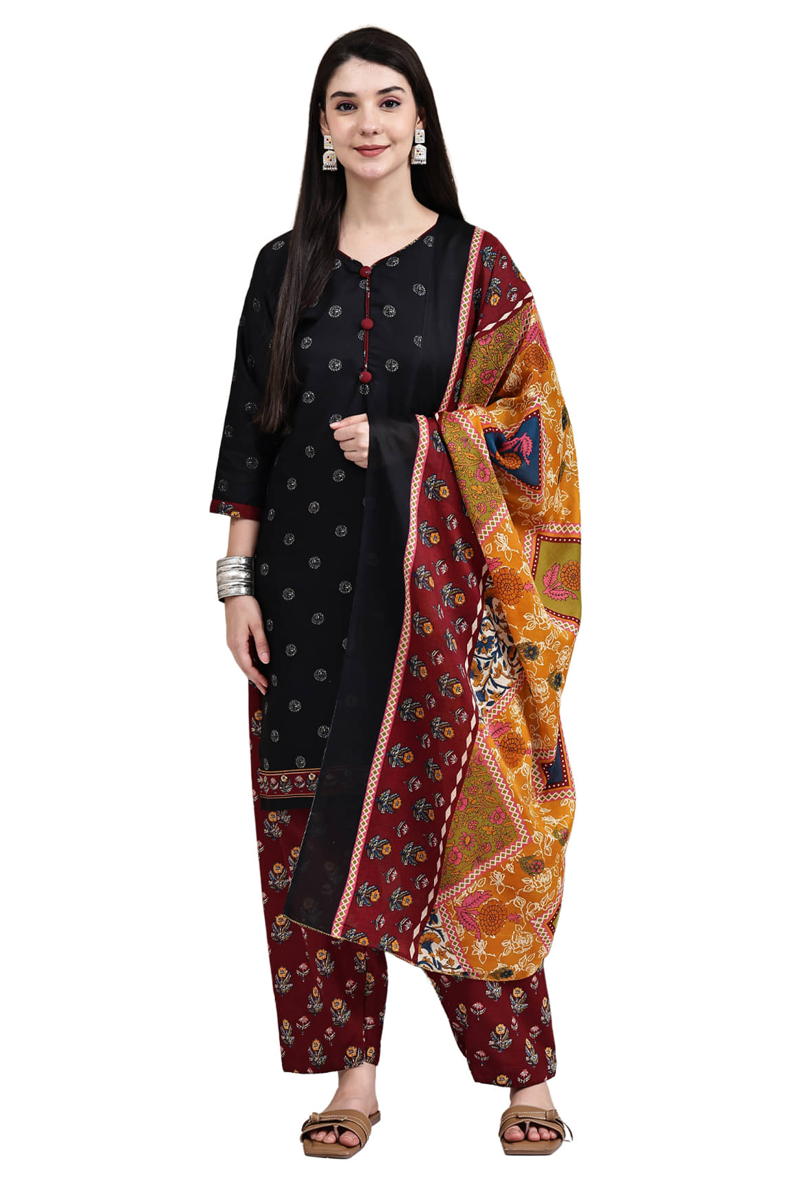 Rajnandini Women Cotton Blend Printed Straight Kurti With Patiala Salwar ( Black )     			Rajnandini Women Cotton Blend Printed Straight Kurti With Patiala Salwar ( Black )