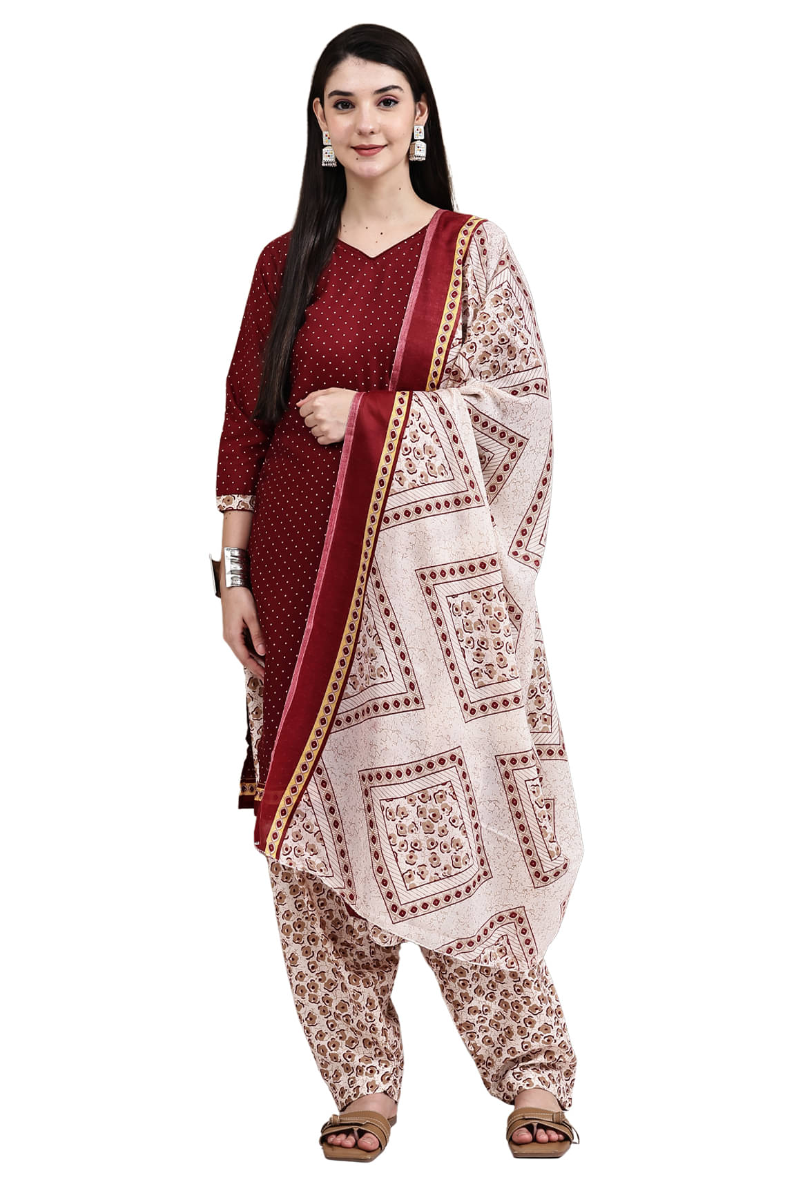 Rajnandini Women Cotton Blend Printed Straight Kurti With Patiala Salwar ( Maroon )     			Rajnandini Women Cotton Blend Printed Straight Kurti With Patiala Salwar ( Maroon )