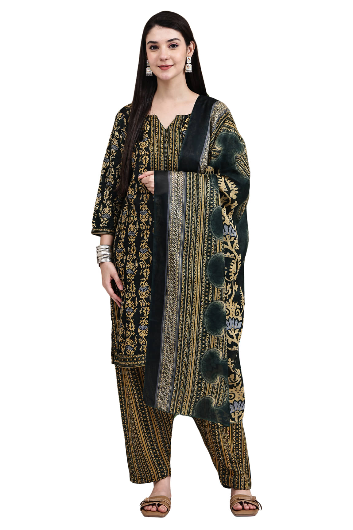     			Rajnandini Women Cotton Blend Printed Straight Kurti With Patiala Salwar ( Green )