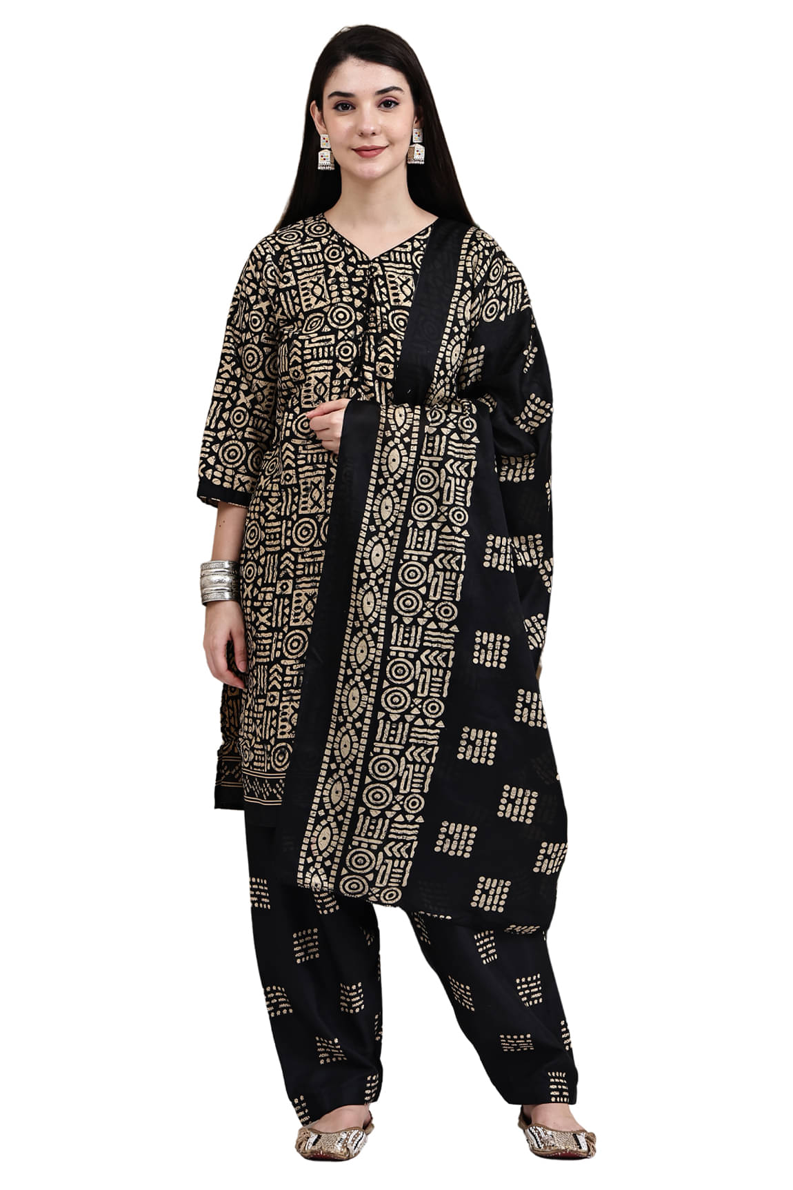     			Rajnandini Women Cotton Blend Printed Straight Kurti With Patiala Salwar ( Beige )