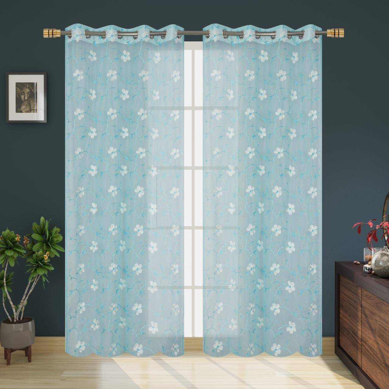 Sosha Home Decor Floral Sheer Rod Pocket Curtain 7 ft ( Pack of 2 ) - Aqua     			Sosha Home Decor Floral Sheer Rod Pocket Curtain 7 ft ( Pack of 2 ) - Aqua