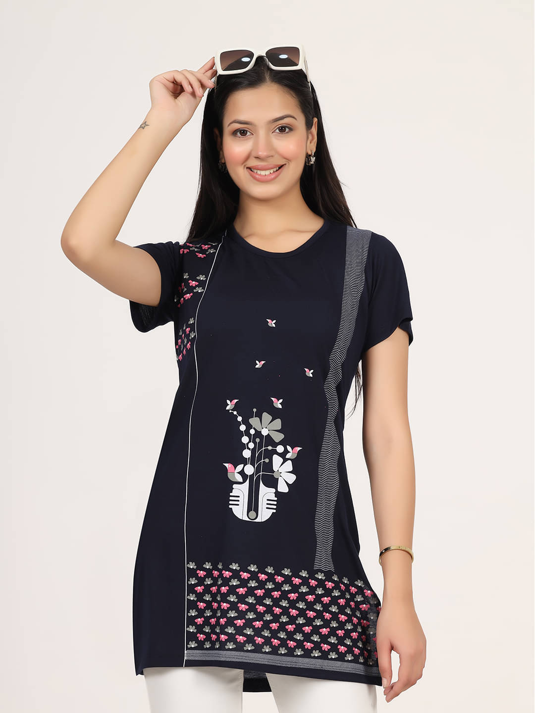     			Xenios Women's Cotton Blend A-Line Top ( Navy Blue )