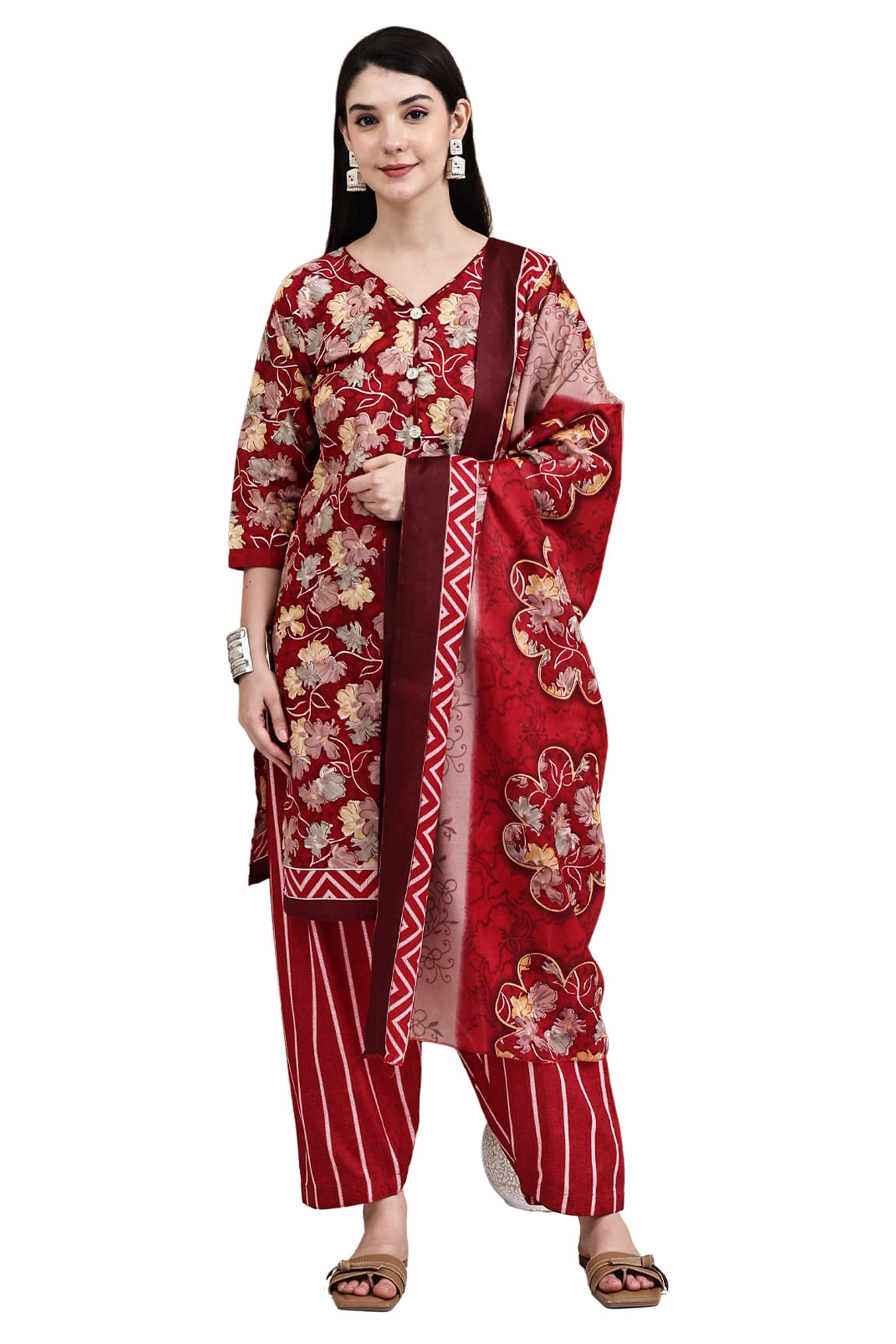    			wonder weave Women Cotton Blend Printed Straight Kurti With Patiala Salwar ( Red )