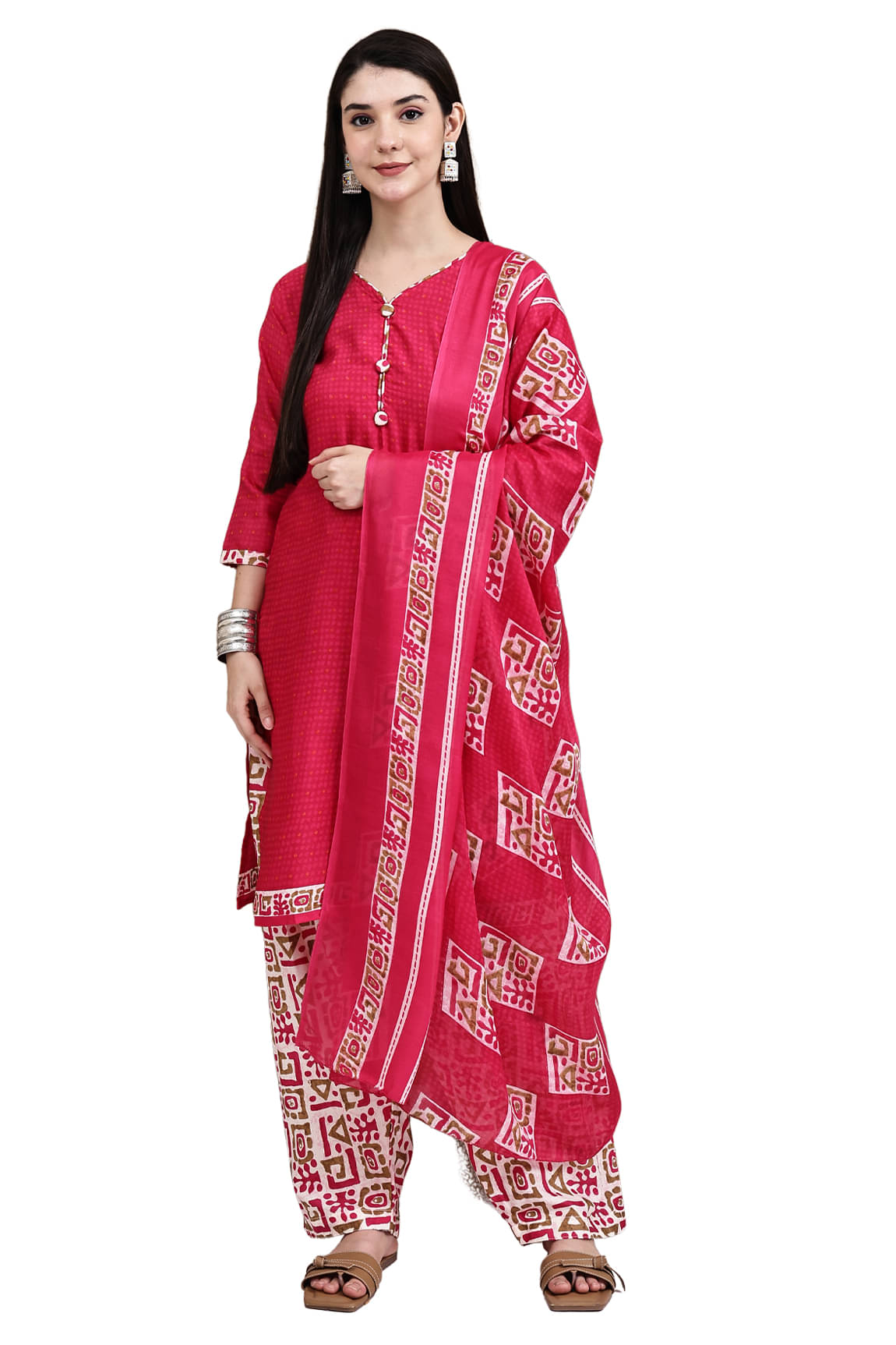     			wonder weave Women Cotton Blend Printed Straight Kurti With Patiala Salwar ( Pink )