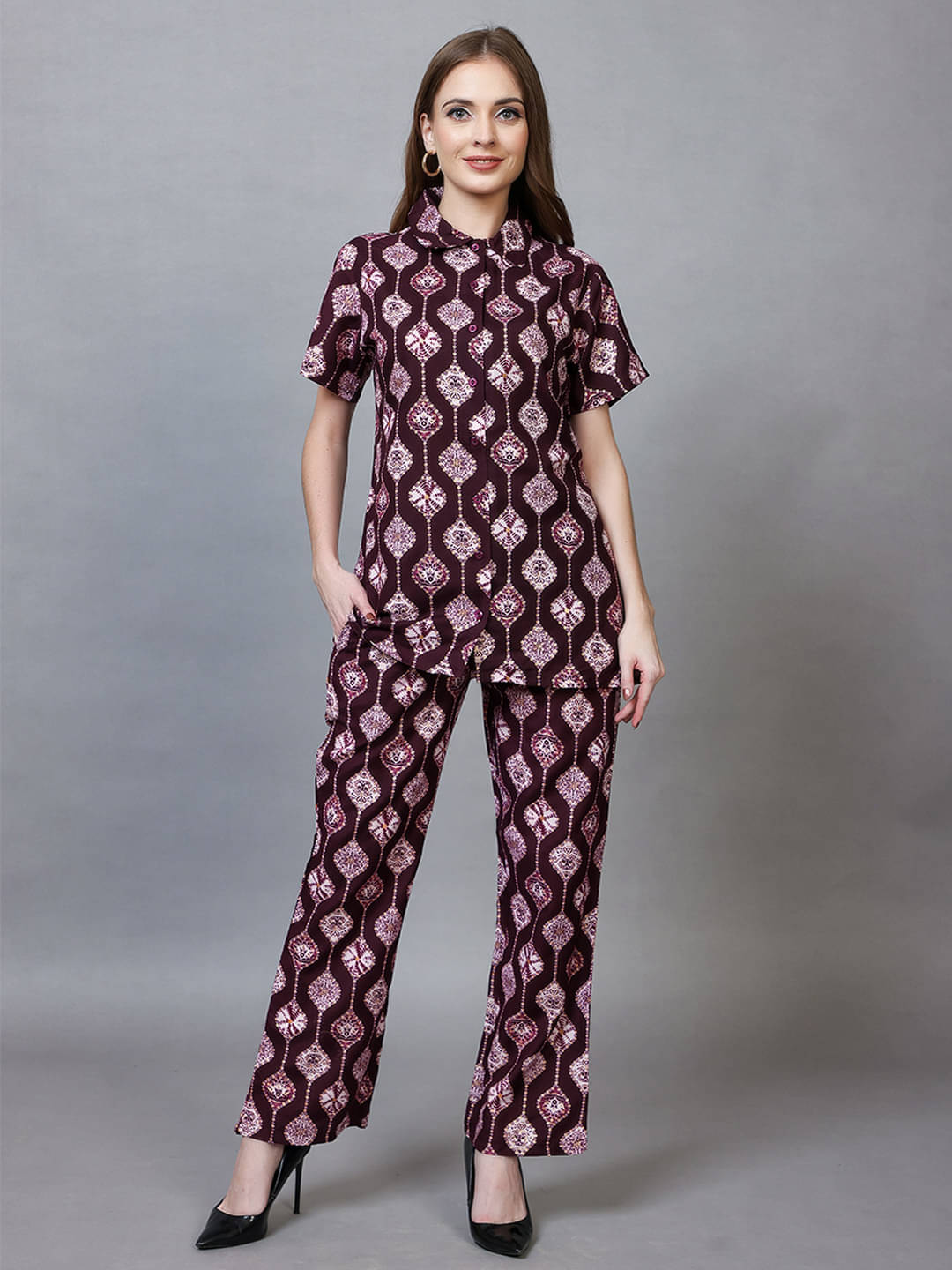     			CLINT Women Printed Shirt With Trousers Co-Ord Set ( Wine )