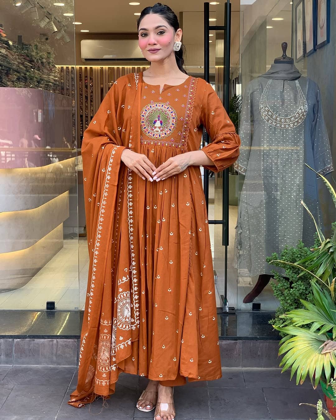 PURVAIYA CREATION Women Cotton Silk Embroidered Anarkali Kurti With Pants ( Rust )