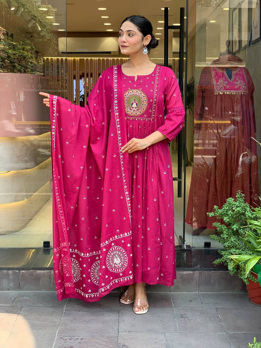 PURVAIYA CREATION Women Cotton Silk Embroidered Anarkali Kurti With Pants ( Pink )