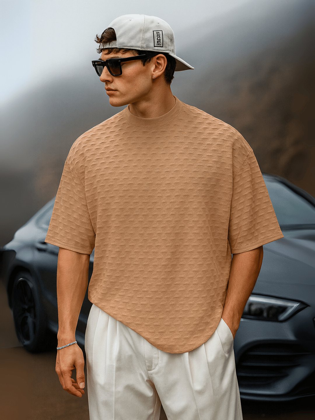 Leotude Men Cotton Blend Oversized Fit Solid T-Shirt ( Peach )