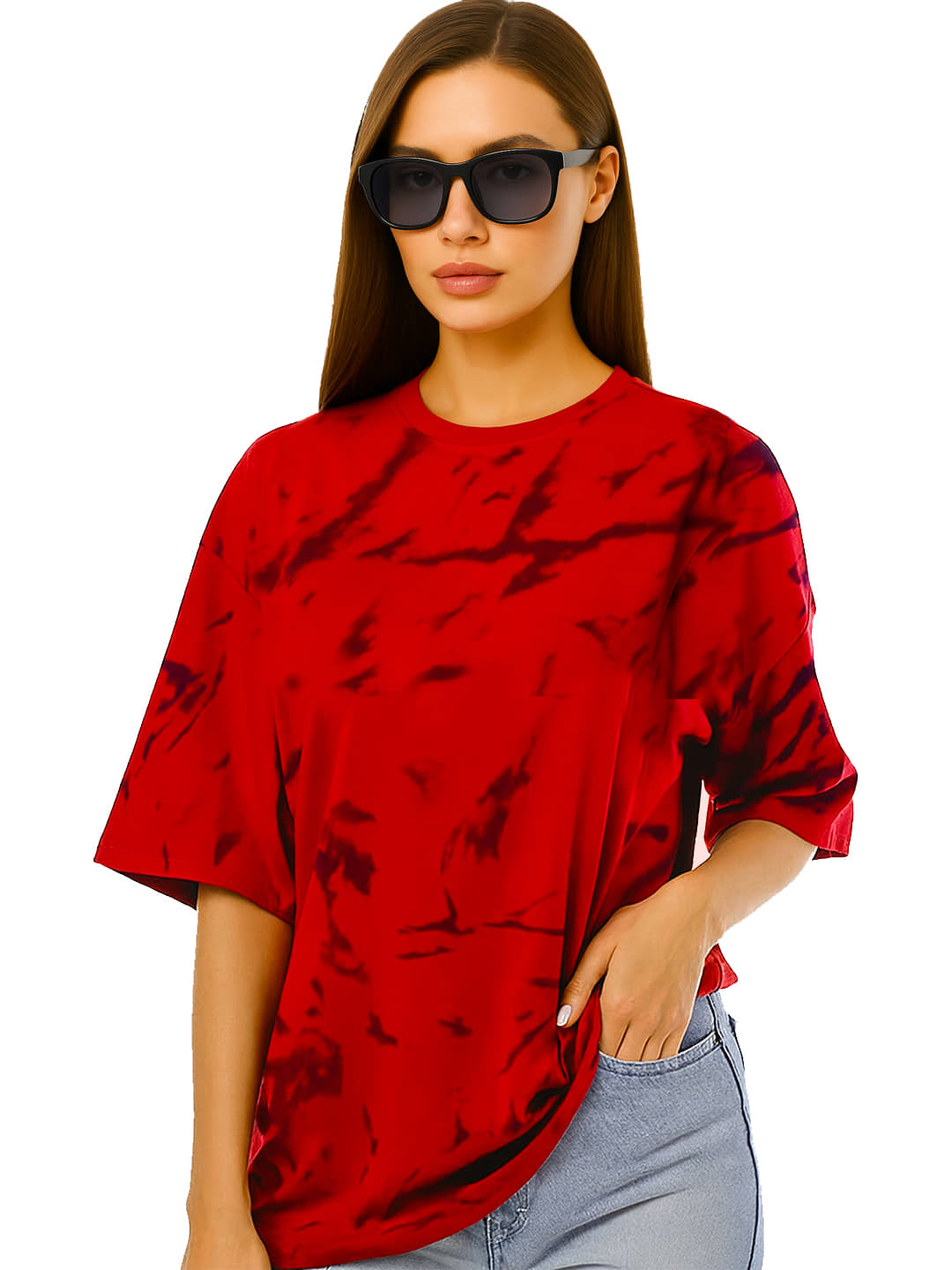 Leotude Women Cotton Blend Solid Oversized Fit Round Neck T-Shirt ( Red )