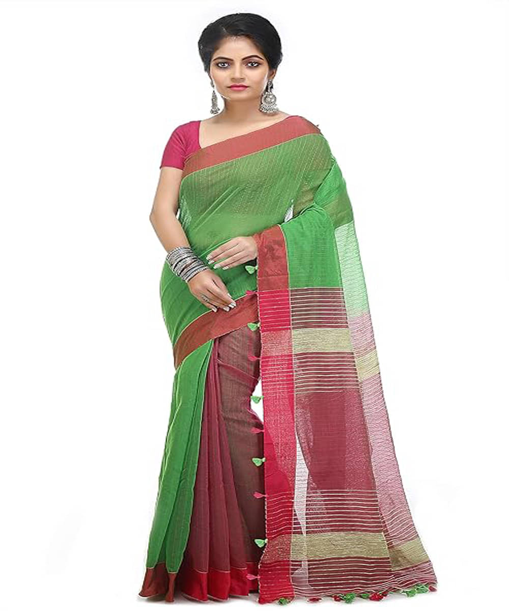     			PIYARI FASHION Cotton Blend Striped Tant Saree With Unstitched Blouse Piece ( Green )