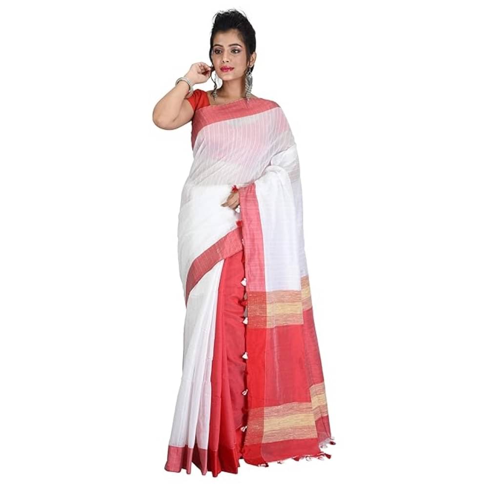     			PIYARI FASHION Cotton Blend Woven Tant Saree With Unstitched Blouse Piece ( White )