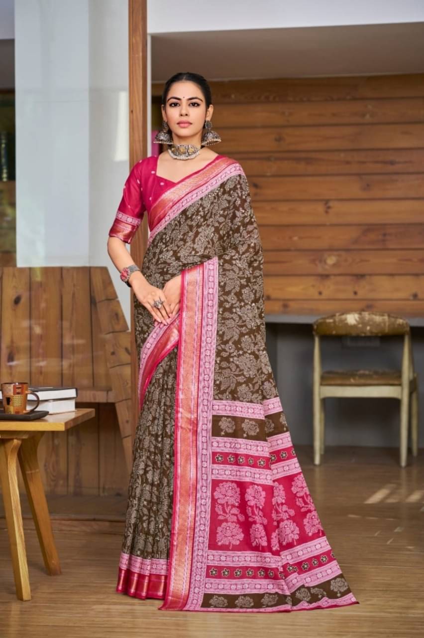     			Granth Enterprise Cotton Printed Regular Saree With Unstitched Blouse Piece ( Maroon )