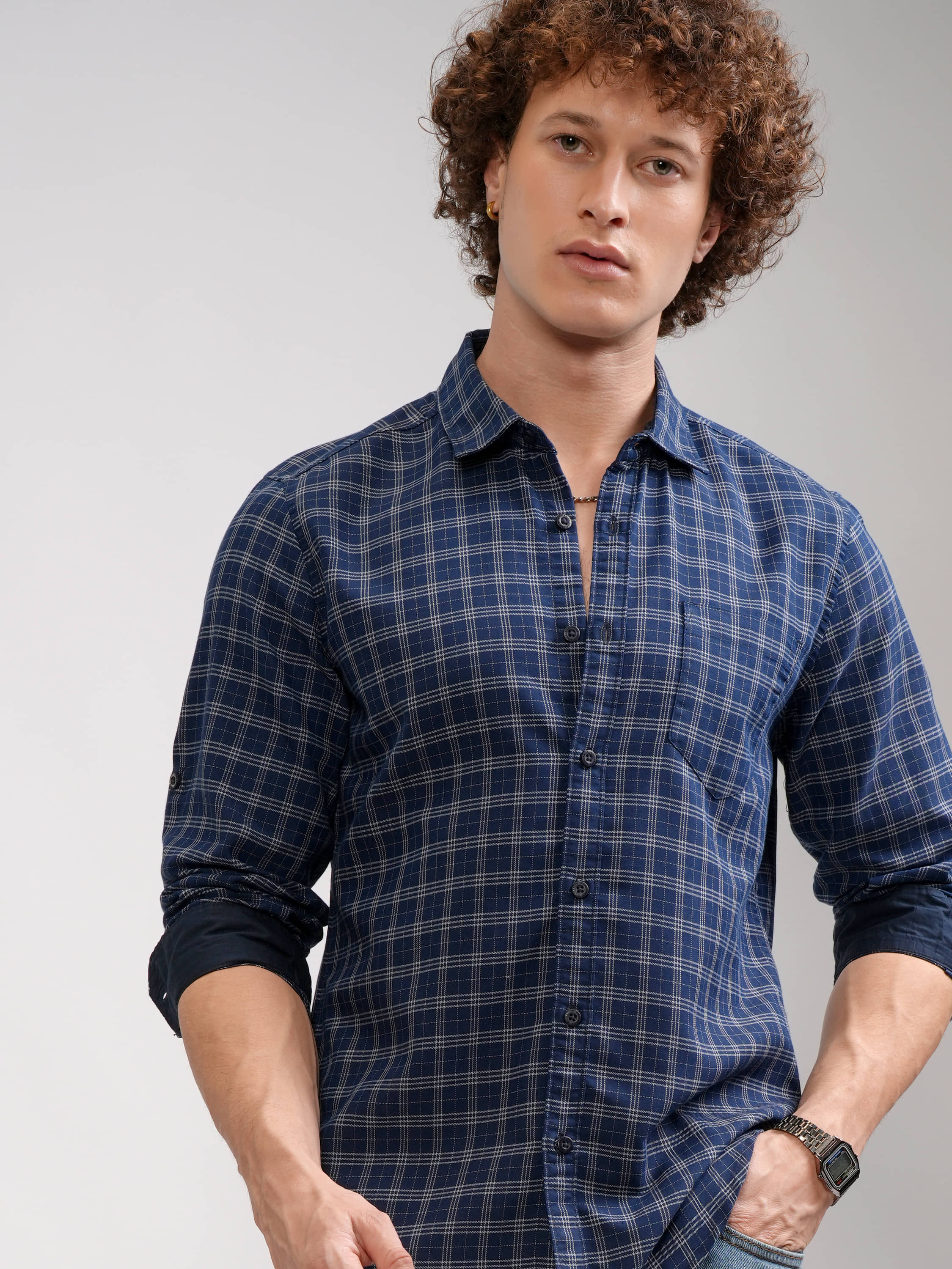 Highlander Cotton Blend Slim Fit Checks Full Sleeves Men's Casual Shirt - Blue ( Pack of 1 )