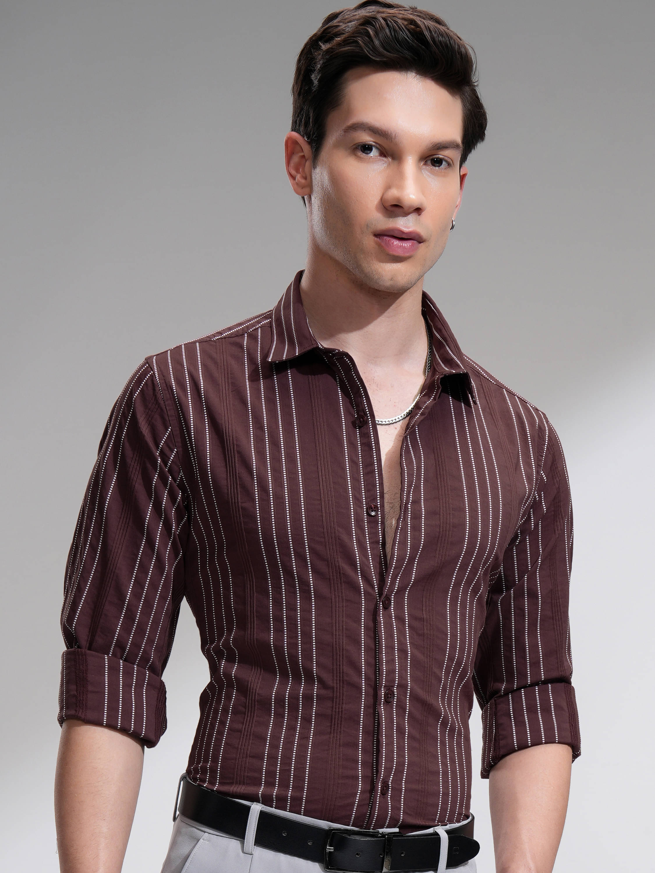     			Highlander Cotton Blend Slim Fit Striped Full Sleeves Men's Casual Shirt - Maroon ( Pack of 1 )