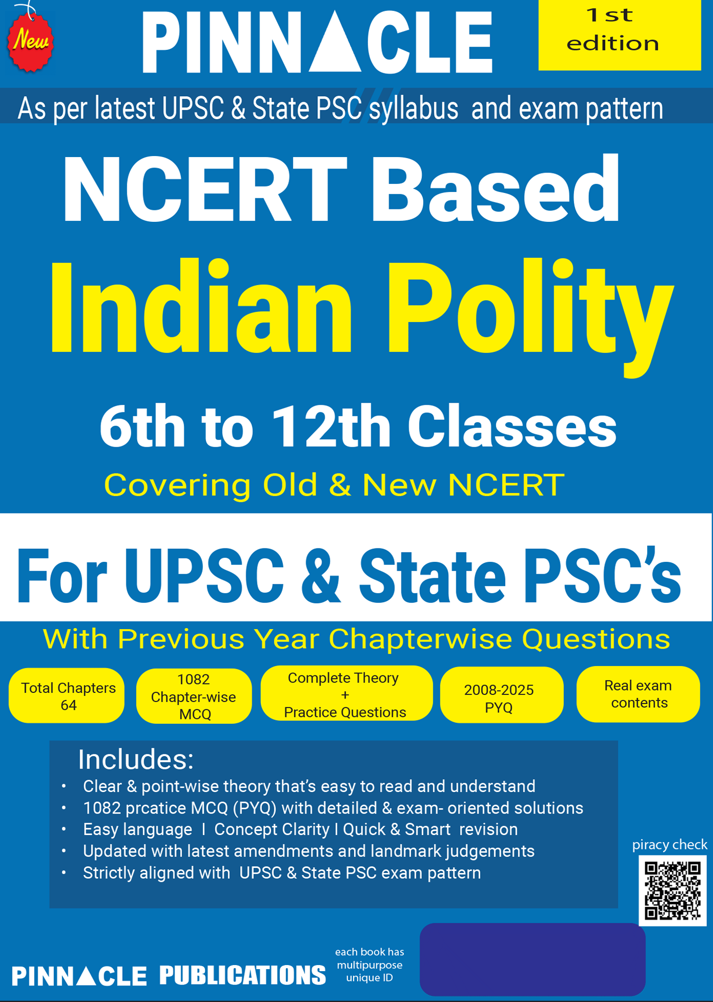     			NCERT-Based Indian Polity for UPSC & State PSCs | Classes 6-12  | Complete Theory + Chapter-wise MCQs | 2008 - 2025 PYQs | Latest Edition