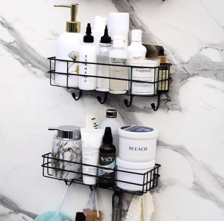     			(PACK OF 2) Steel Self-Adhesive Multipurpose Bathroom Shelf with Hooks/Towel Holder/Rack/Bathroom Accessories-Wall Mount - Pack of 2 (Black,Powder Coated)