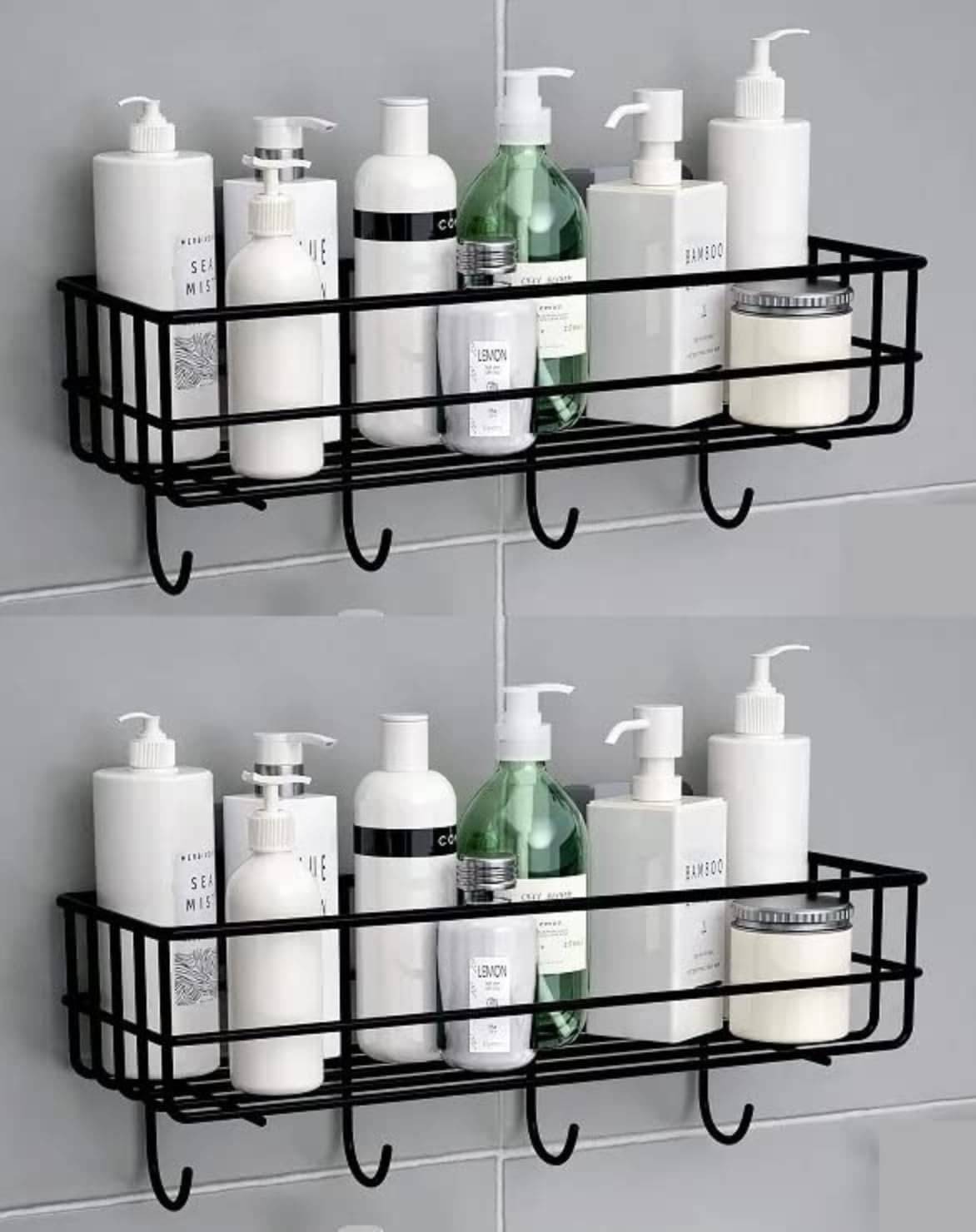     			(PACK OF 2) Steel Self-Adhesive Multipurpose Bathroom Shelf with Hooks/Towel Holder/Rack/Bathroom Accessories-Wall Mount - Pack of 2 (Black,Powder Coated)