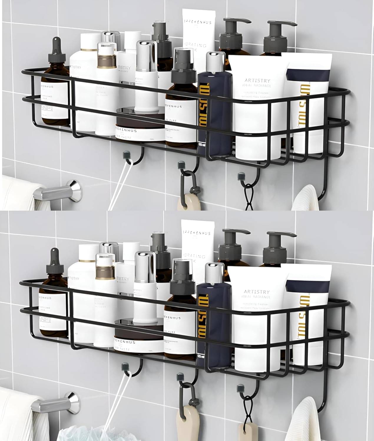     			(PACK OF 2) Steel Self-Adhesive Multipurpose Bathroom Shelf with Hooks/Towel Holder/Rack/Bathroom Accessories-Wall Mount - Pack of 2 (Black,Powder Coated)