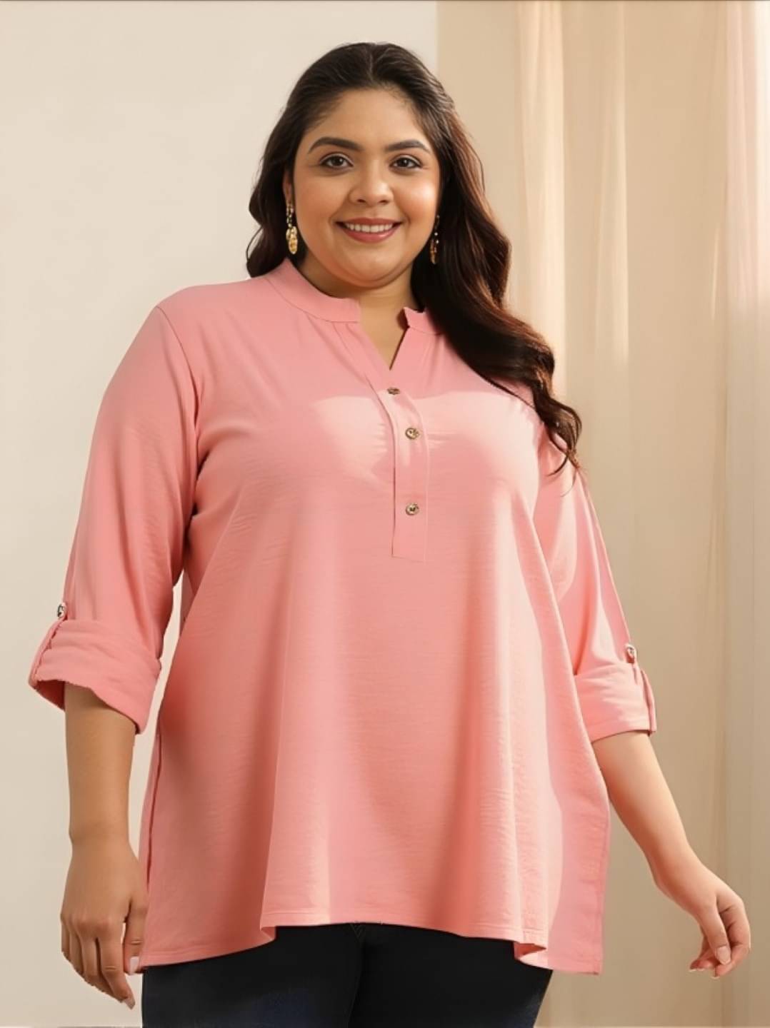 PLUS PARADISE Women Rayon Solid Straight Kurti ( Peach ) PLUS PARADISE Women Rayon Solid Straight Kurti ( Peach )