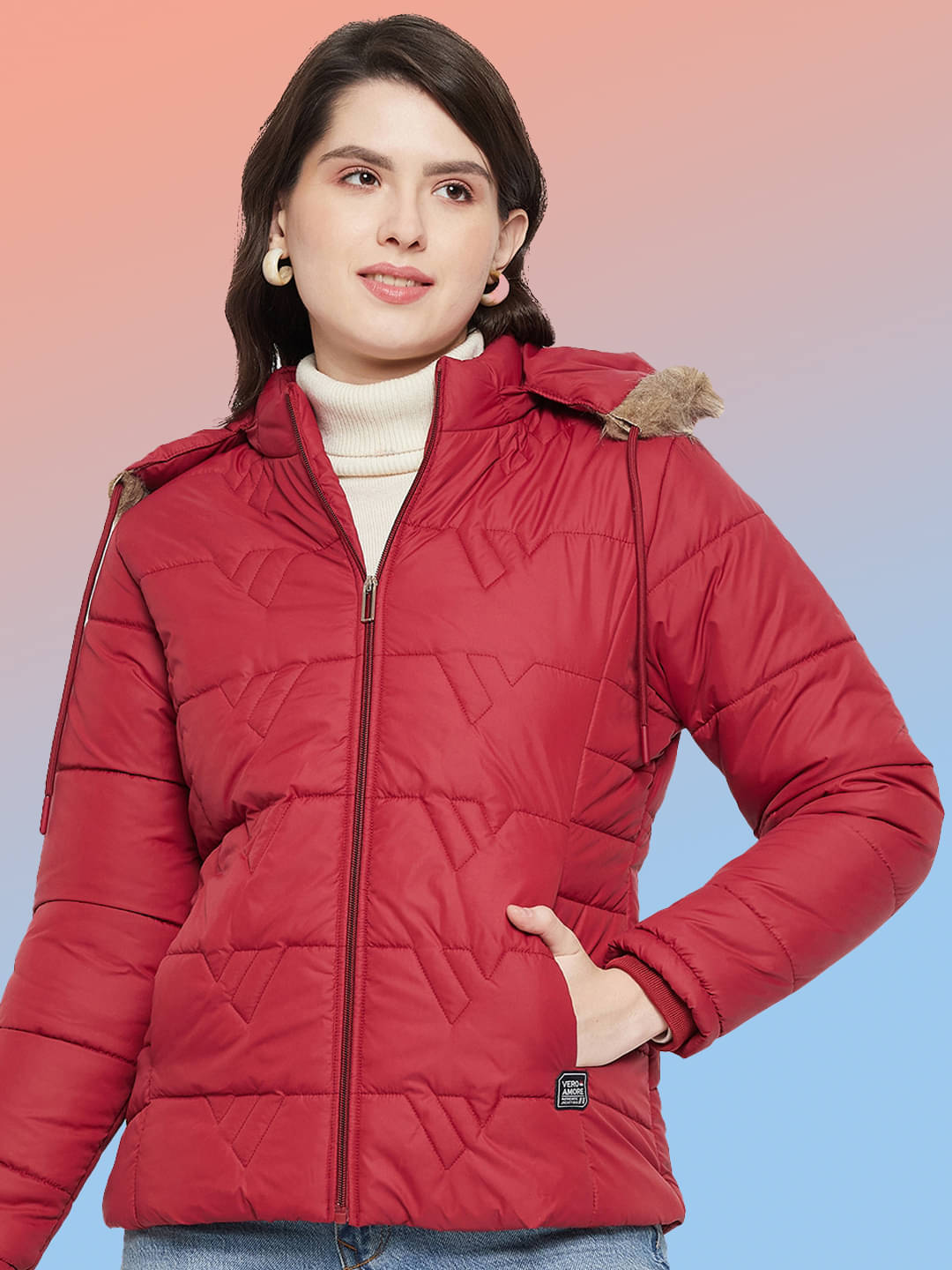 VERO MODERNO - Polyester Maroon Puffer VERO MODERNO - Polyester Maroon Puffer