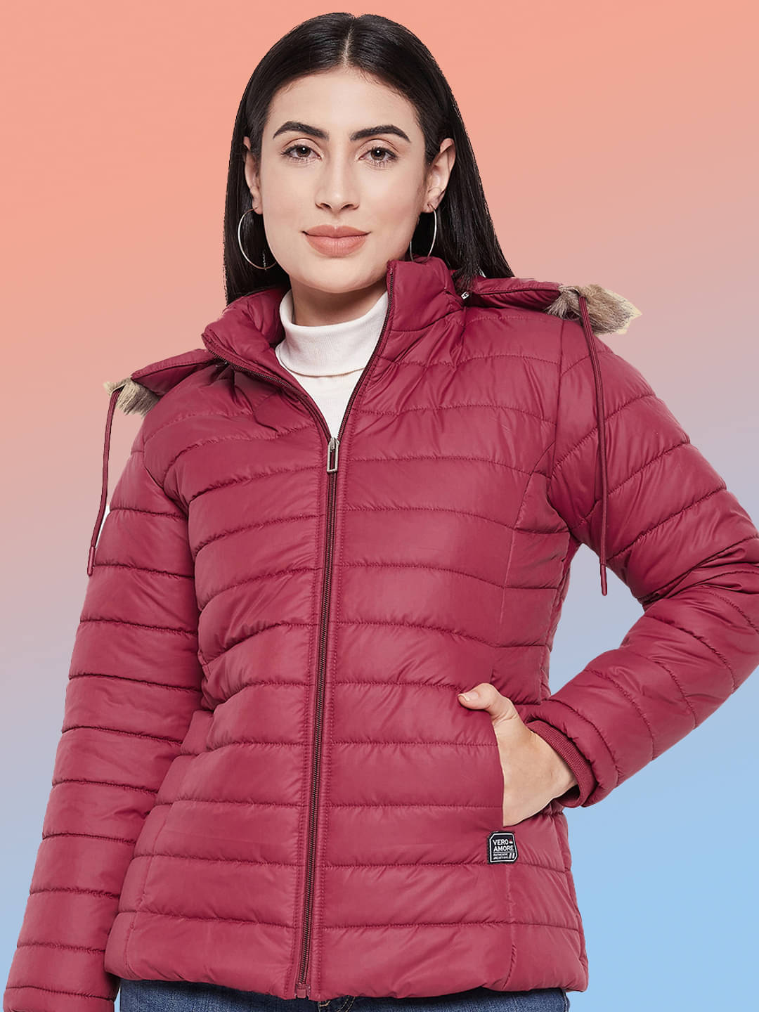 VERO MODERNO - Polyester Maroon Puffer VERO MODERNO - Polyester Maroon Puffer