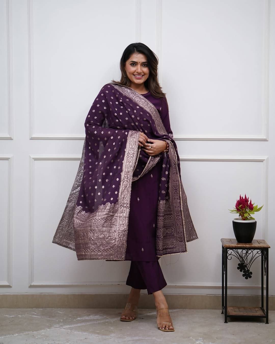 ZOOFLINE Women Chanderi Embroidered Straight Kurti With Salwar ( Purple ) ZOOFLINE Women Chanderi Embroidered Straight Kurti With Salwar ( Purple )