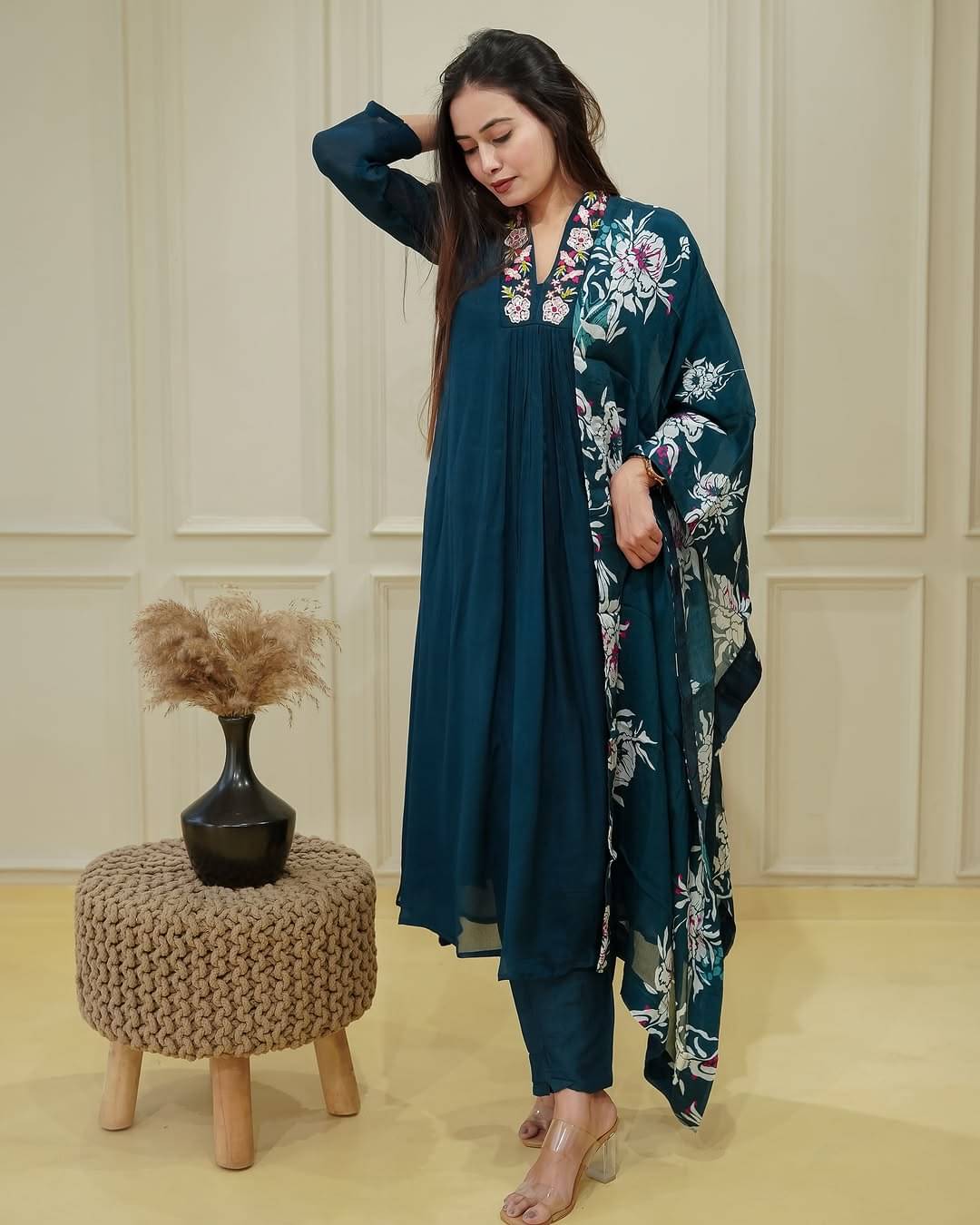 ZOOFLINE Women Cotton Embroidered Straight Kurti With Salwar ( Teal )     			ZOOFLINE Women Cotton Embroidered Straight Kurti With Salwar ( Teal )