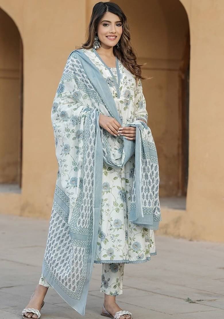 ZOOFLINE Women Cotton Silk Printed Flared Kurti With Salwar ( Blue )     			ZOOFLINE Women Cotton Silk Printed Flared Kurti With Salwar ( Blue )
