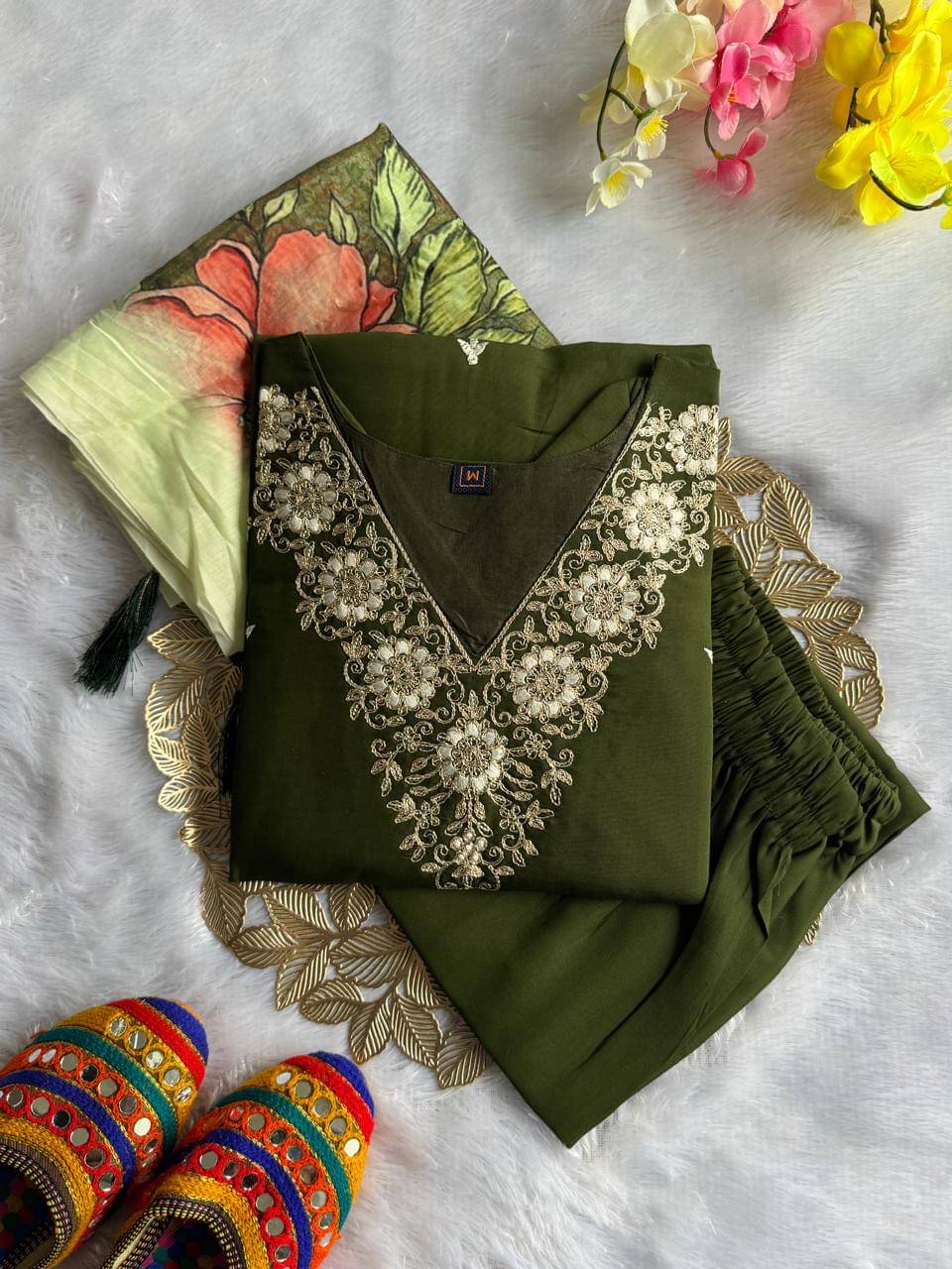gufrina Women Silk Blend Embroidered A-line Kurti With Pants ( Light Green ) gufrina Women Silk Blend Embroidered A-line Kurti With Pants ( Light Green )