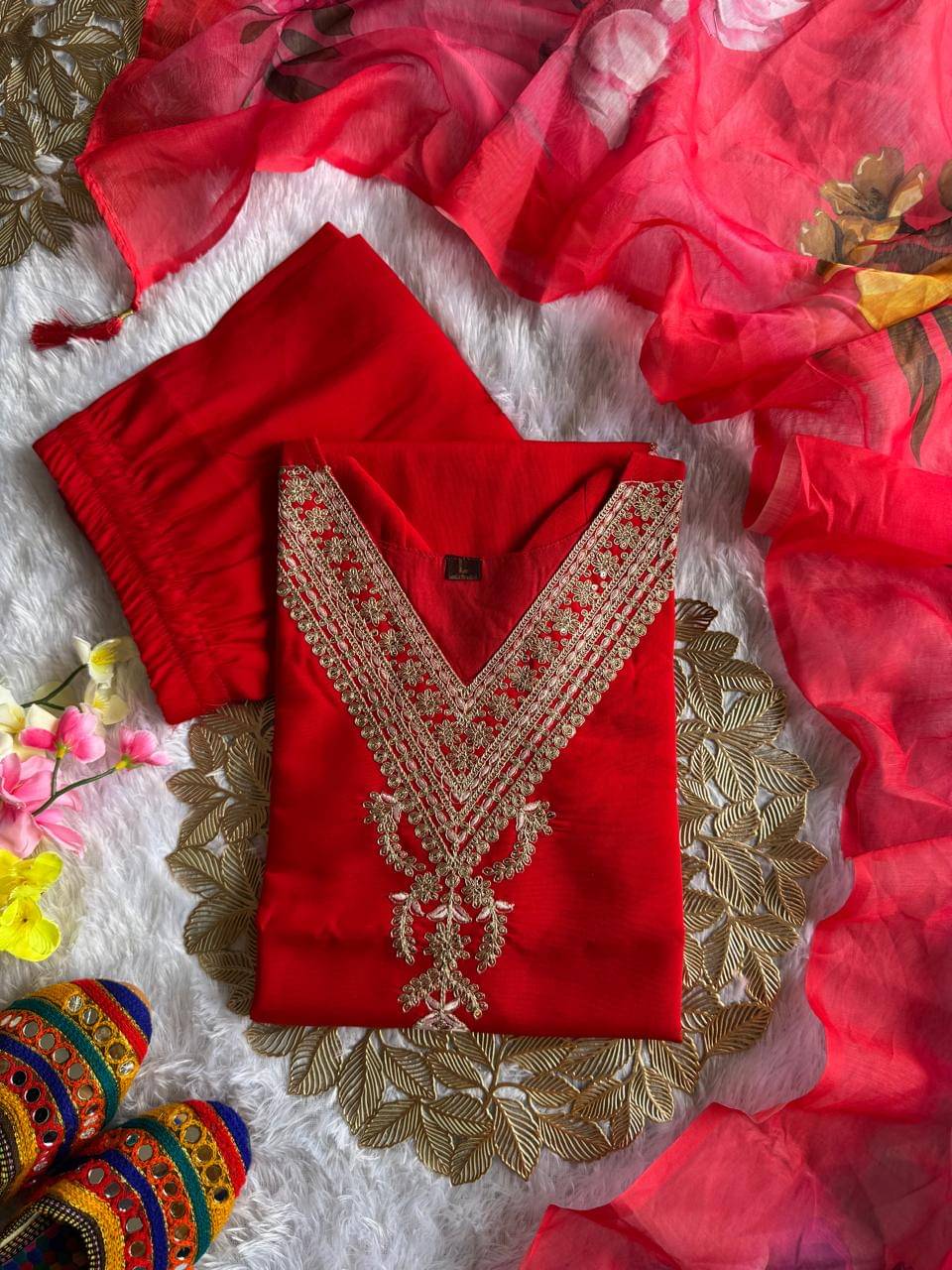     			gufrina Women Silk Blend Embroidered A-line Kurti With Harems Pants ( Red )
