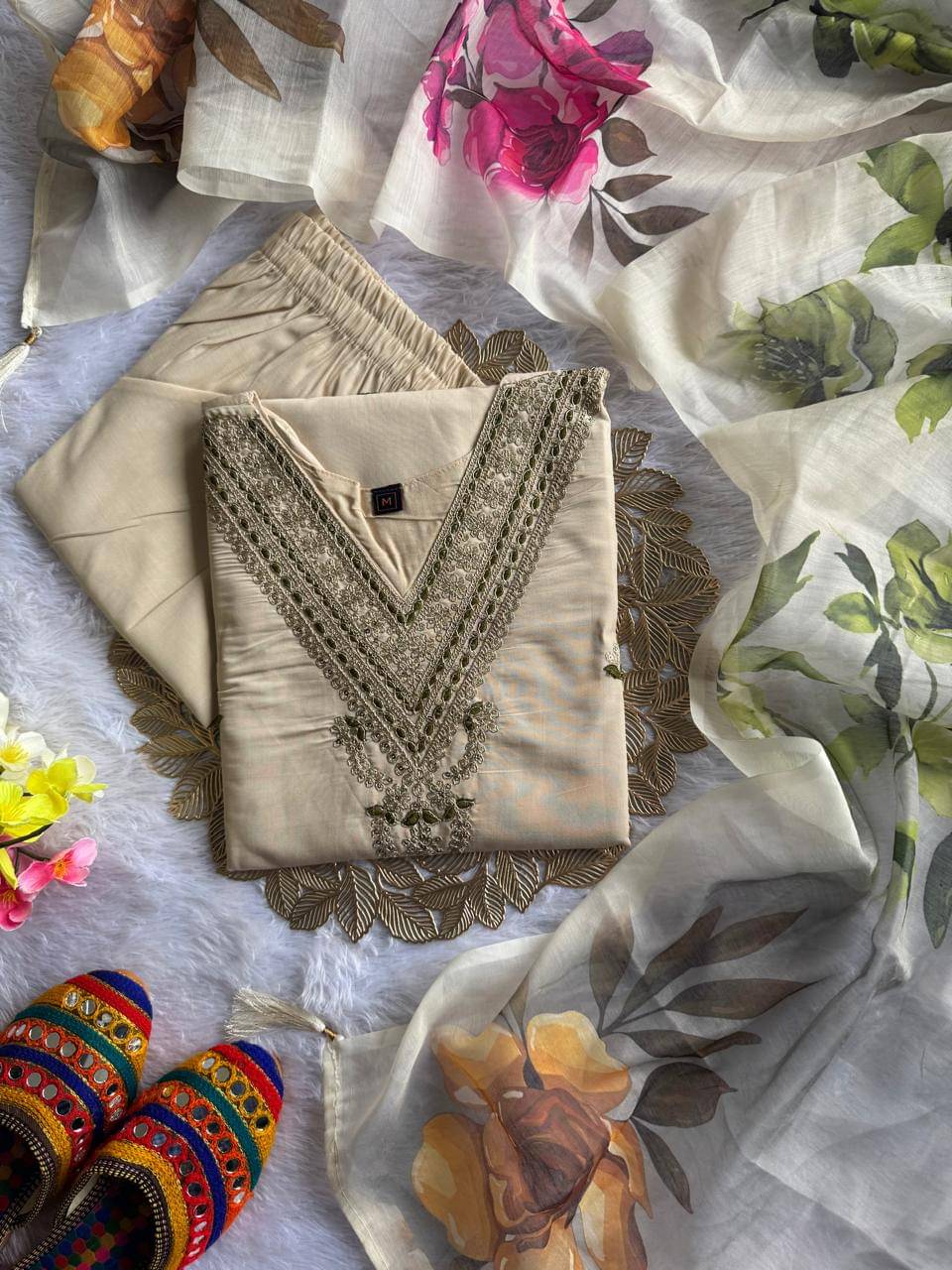     			gufrina Women Silk Blend Embroidered A-line Kurti With Harems Pants ( Cream )