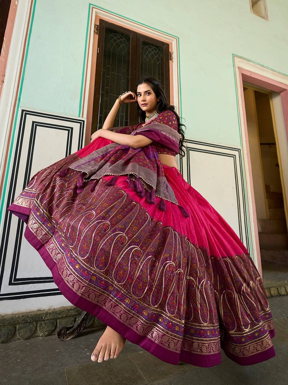 CYNOR Pink Tussar Silk Circular Semi Stitched Lehenga Single CYNOR Pink Tussar Silk Circular Semi Stitched Lehenga Single