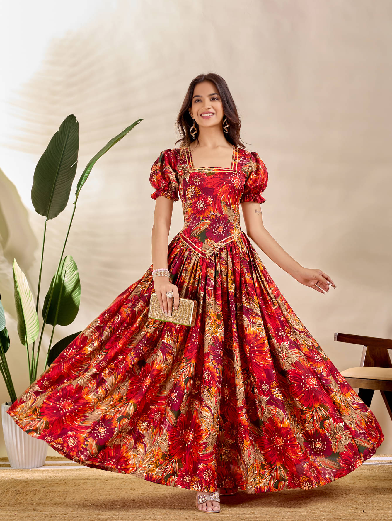     			FANCY FLAIR Women Cotton Blend Printed Fit & Flare Dress ( Orange )