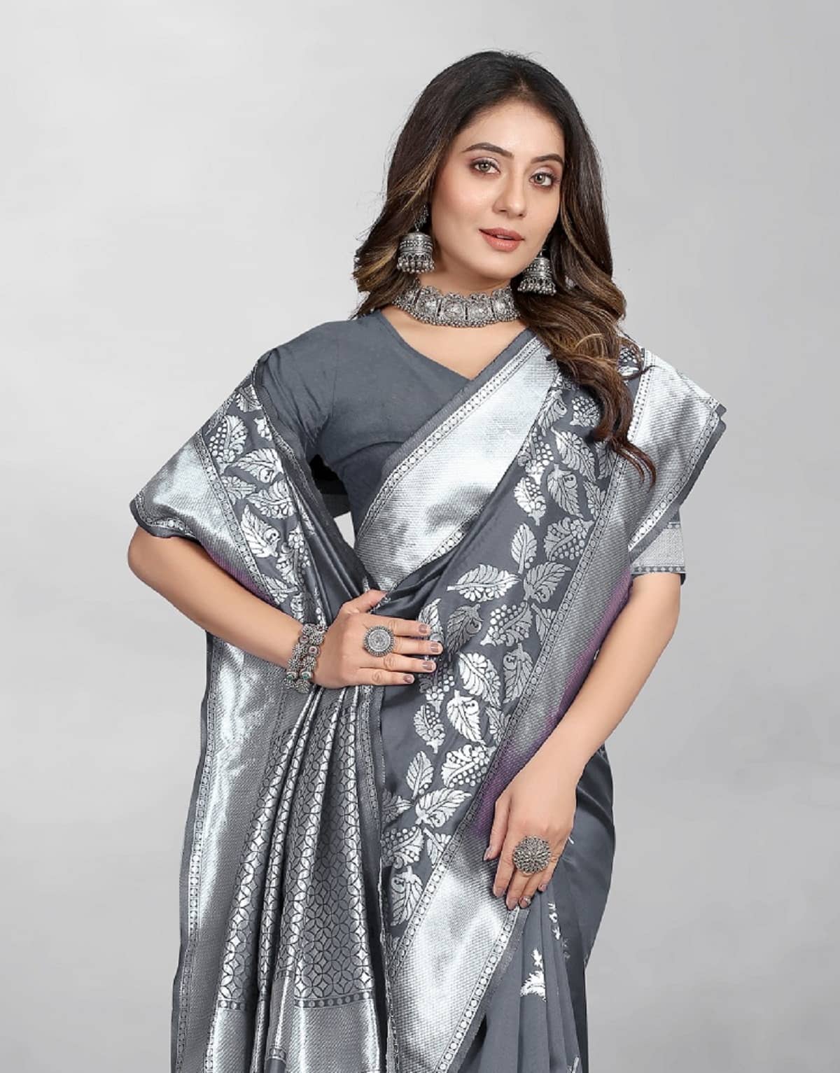 Gazal Fashions Silk Woven Banarasi saree With Unstitched Blouse Piece ( Grey,Silver ) - Sarees | Buy online on ZillyBuy