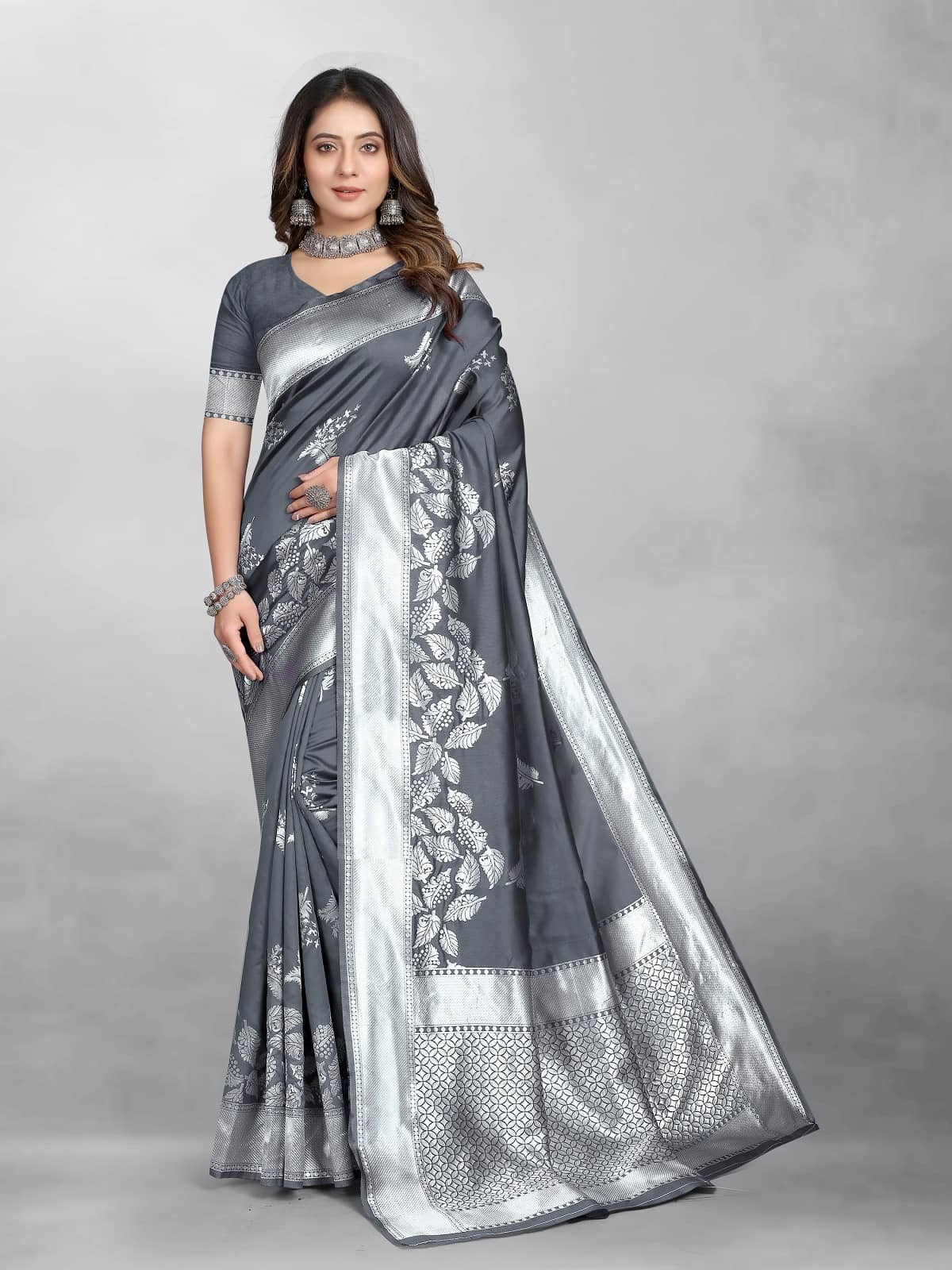 Gazal Fashions Silk Woven Banarasi saree With Unstitched Blouse Piece ( Grey,Silver ) - Sarees | Buy online on ZillyBuy
