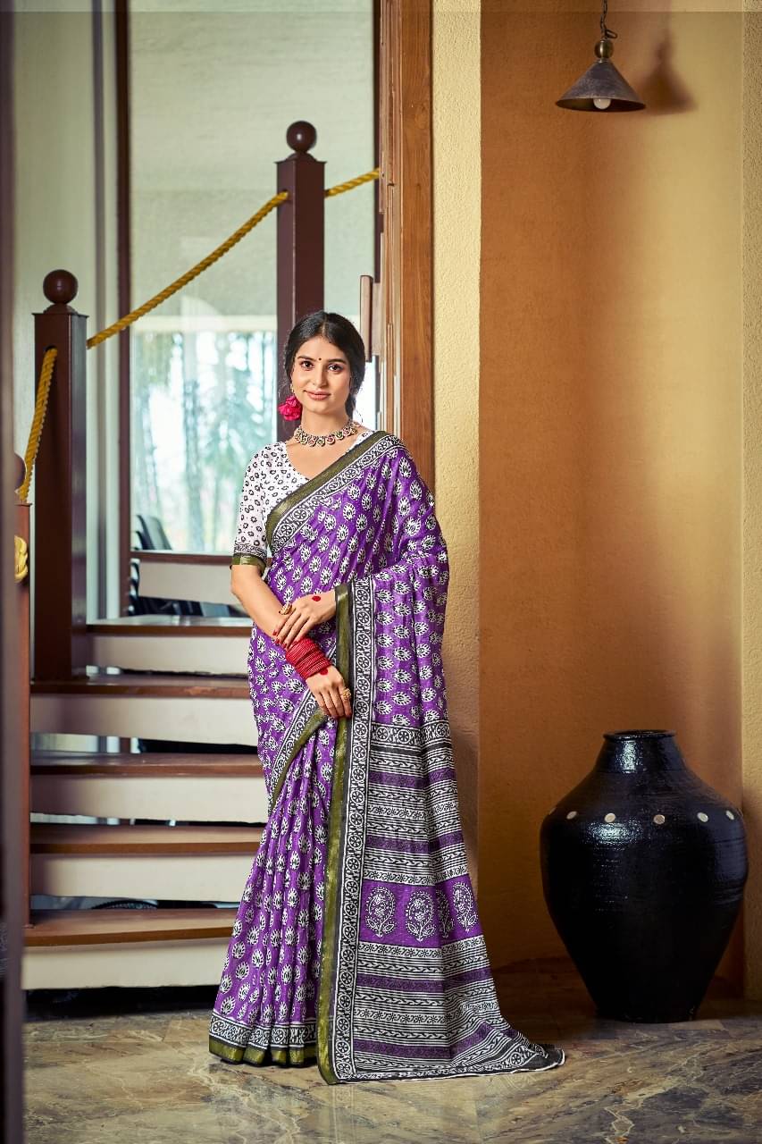     			Granth Enterprise Cotton Printed Regular Saree With Unstitched Blouse Piece ( Purple )