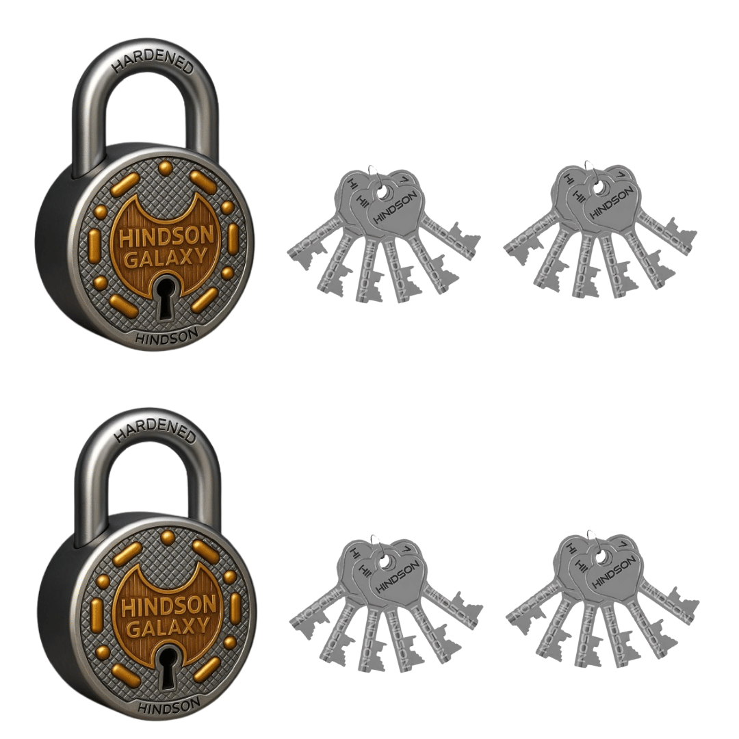     			HINDSON Galaxy 65mm Solid Brass Padlock for Gate, Shutter & Door – Pack of 2, With 12 Keys