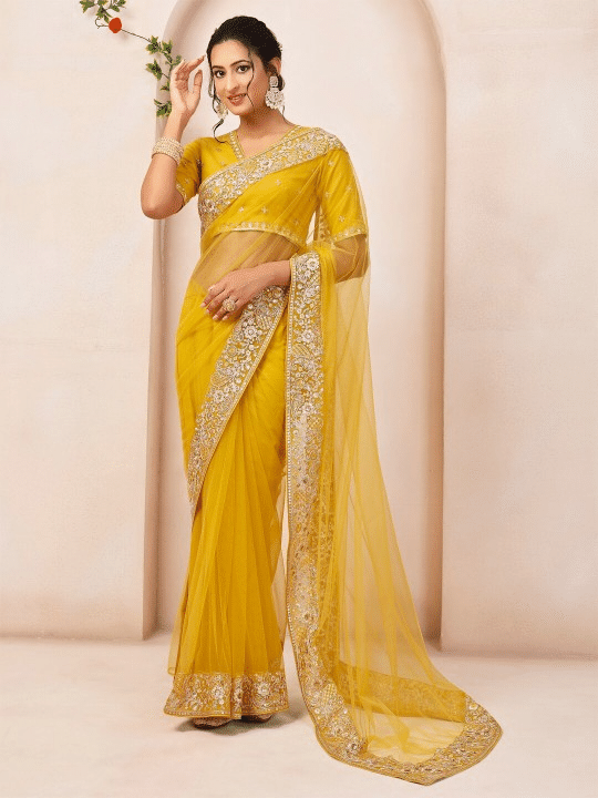 Keyura Net Self Design Regular Saree With Unstitched Blouse Piece ( Yellow ) Keyura Net Self Design Regular Saree With Unstitched Blouse Piece ( Yellow )