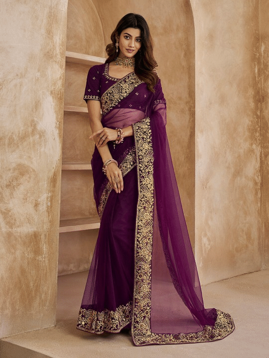     			Keyura Net Self Design Regular Saree With Unstitched Blouse Piece ( Wine )