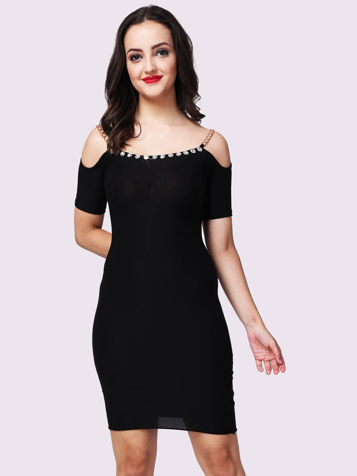 Lola Dola Women Viscose Self Design Bodycon Dress ( Black )     			Lola Dola Women Viscose Self Design Bodycon Dress ( Black )
