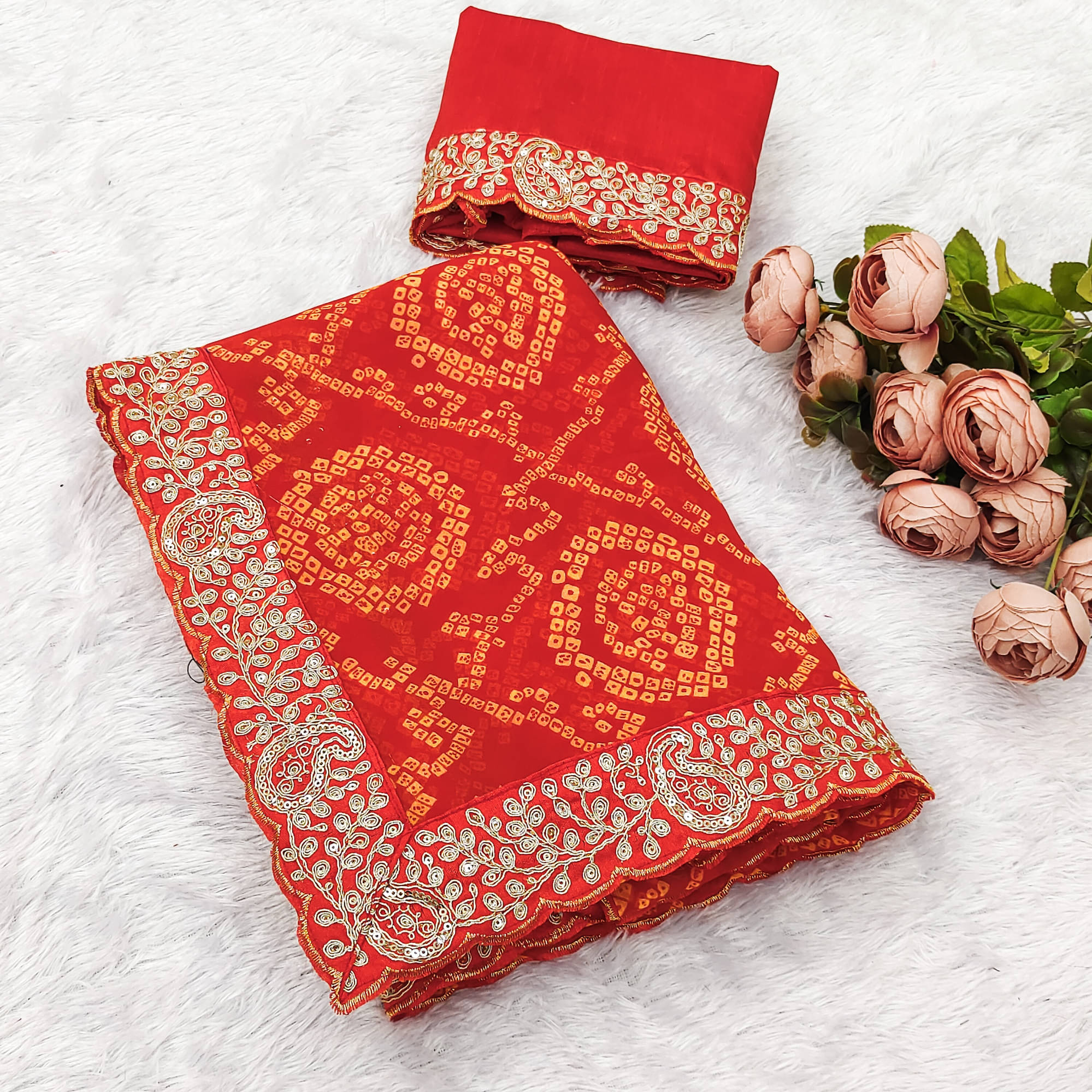 Parmila Fashion Chiffon Embellished Bandhani Sarees With Unstitched Blouse Piece ( Orange ) Parmila Fashion Chiffon Embellished Bandhani Sarees With Unstitched Blouse Piece ( Orange )
