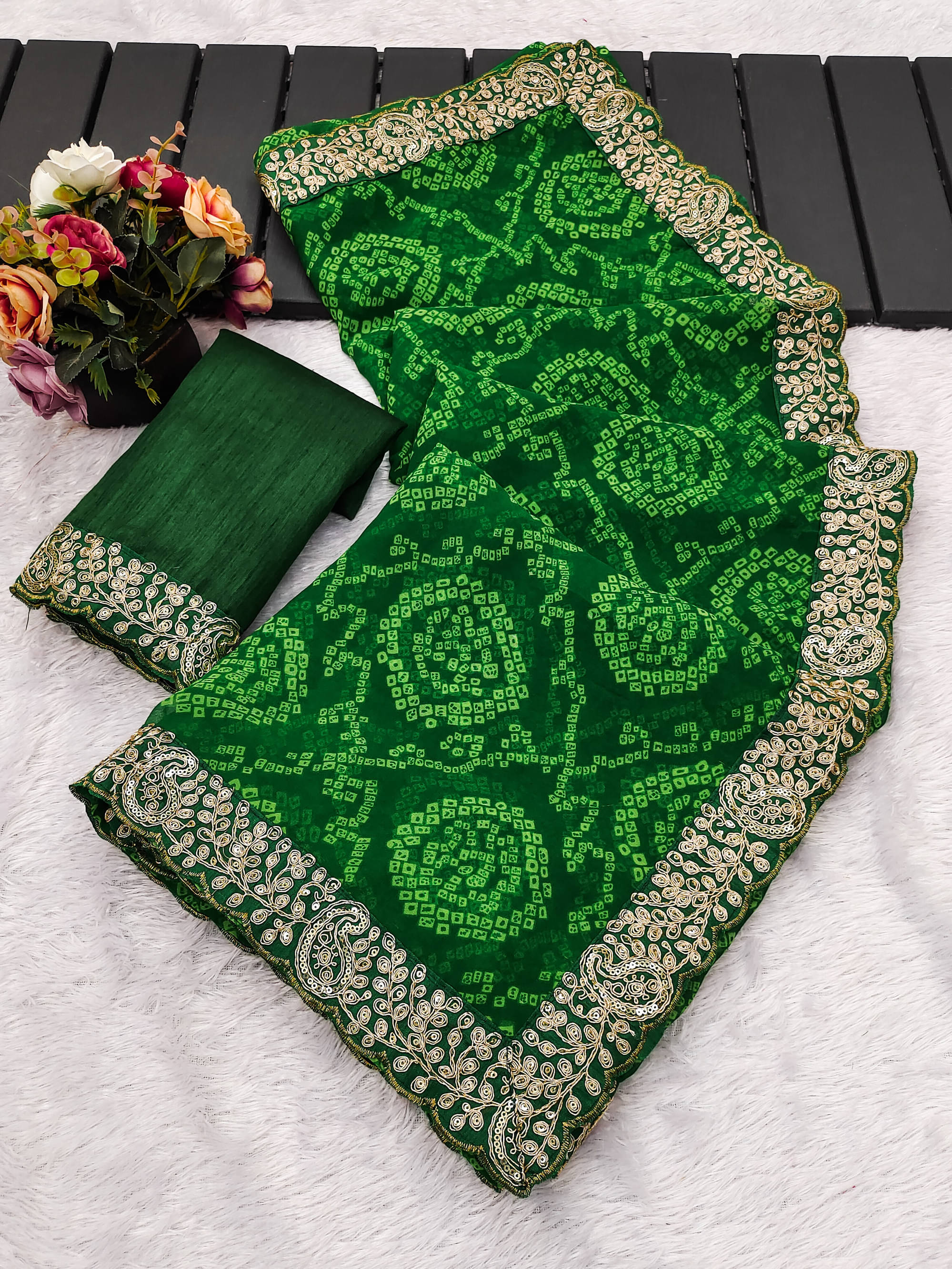 Parmila Fashion Chiffon Embellished Bandhani Sarees With Unstitched Blouse Piece ( Green ) Parmila Fashion Chiffon Embellished Bandhani Sarees With Unstitched Blouse Piece ( Green )