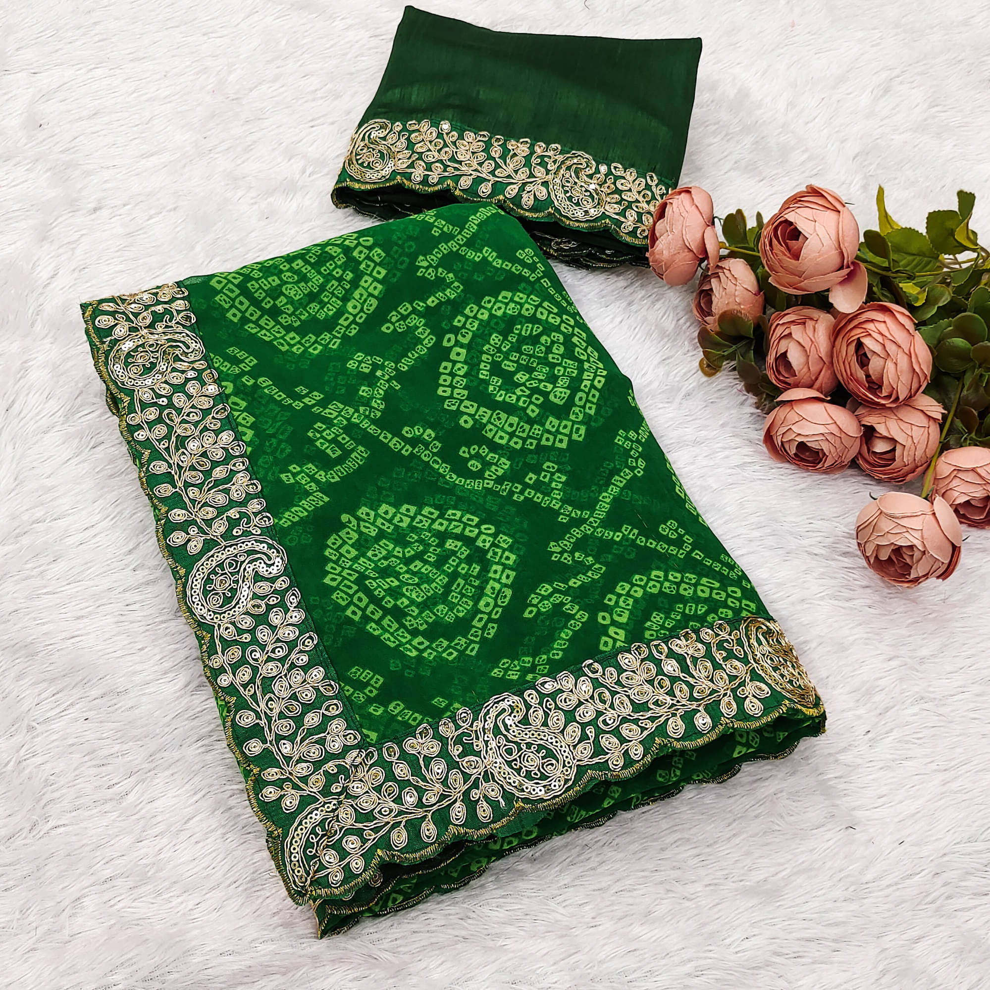     			Parmila Fashion Chiffon Embellished Bandhani Sarees With Unstitched Blouse Piece ( Green )