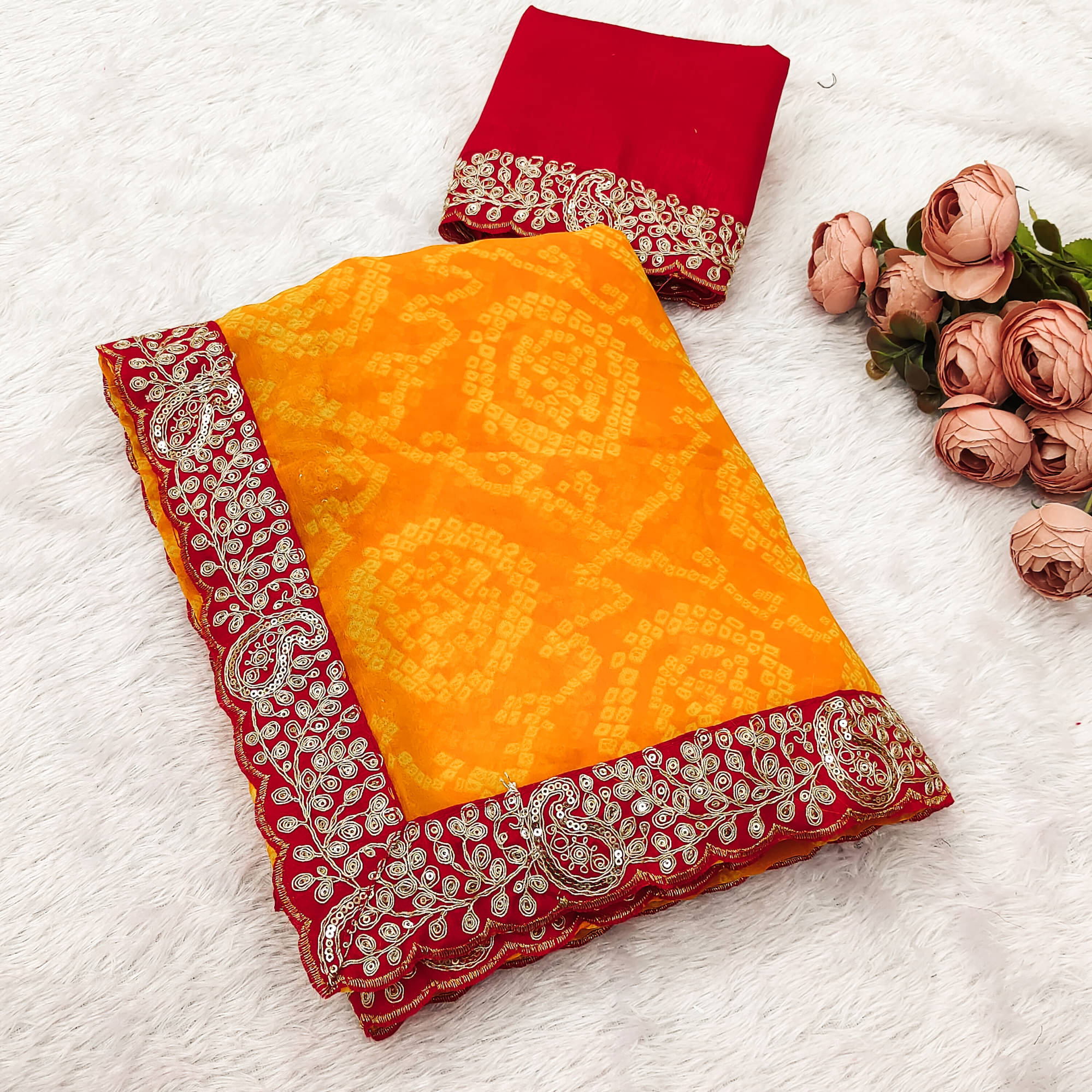 Parmila Fashion Chiffon Embellished Bandhani Sarees With Unstitched Blouse Piece ( Gold ) Parmila Fashion Chiffon Embellished Bandhani Sarees With Unstitched Blouse Piece ( Gold )